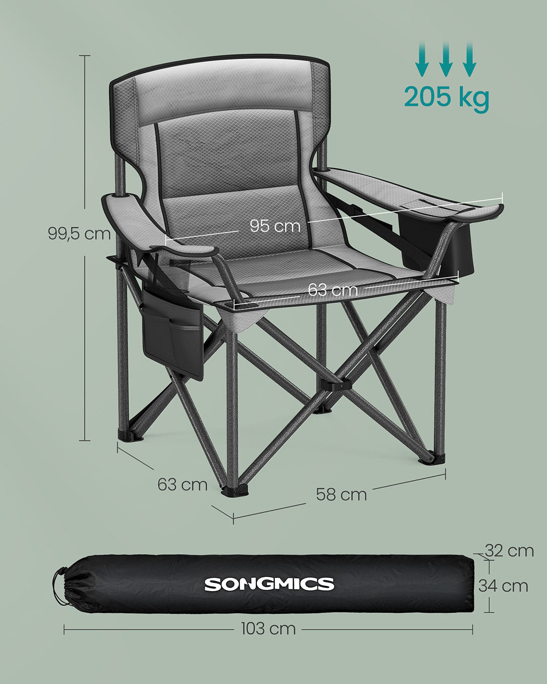 Campingstol med kopphållare och skumfyllning, Leigrijs