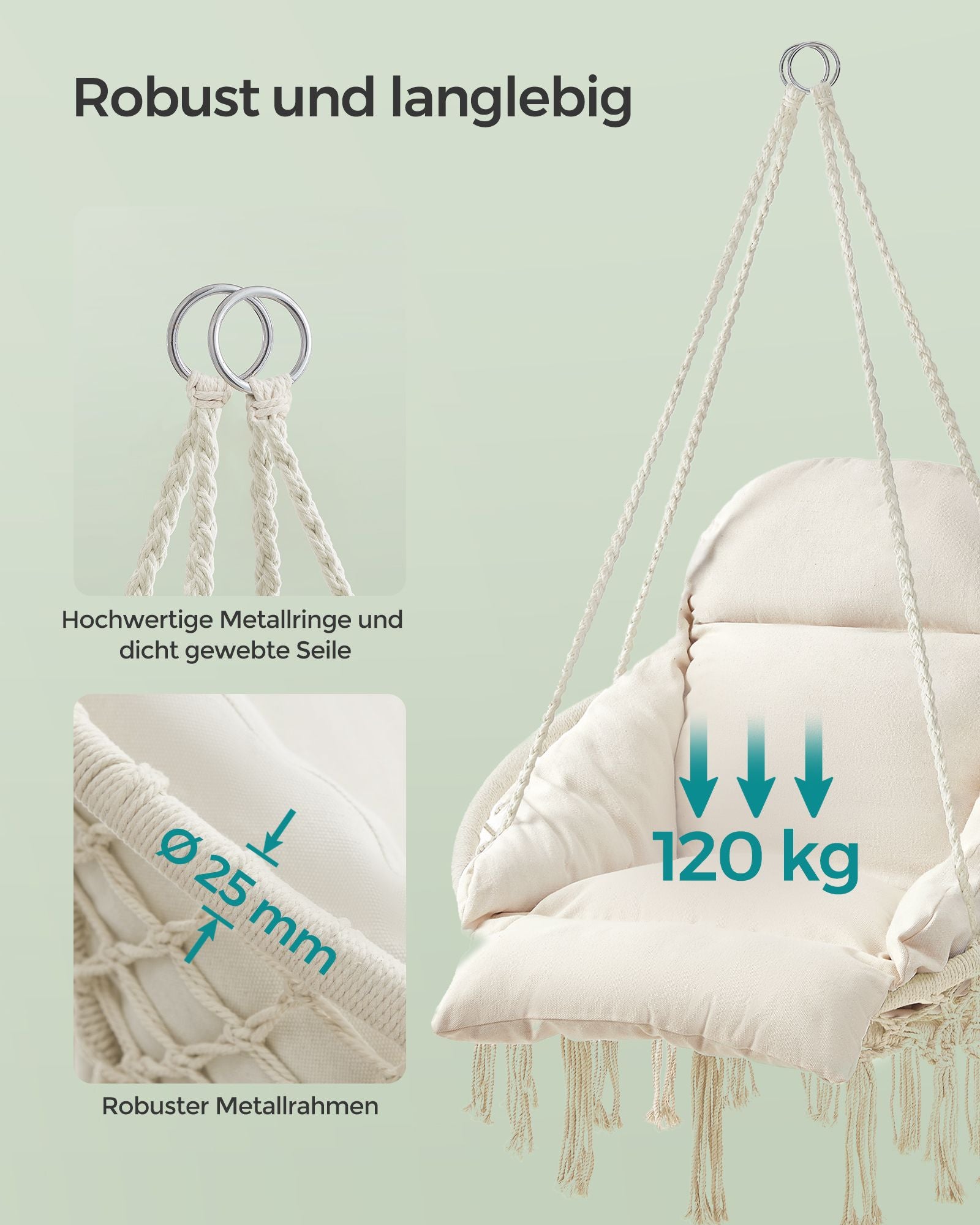 Hangstoel - Met Kussen - Katoen - Draagvermogen tot 120 kg - Beige