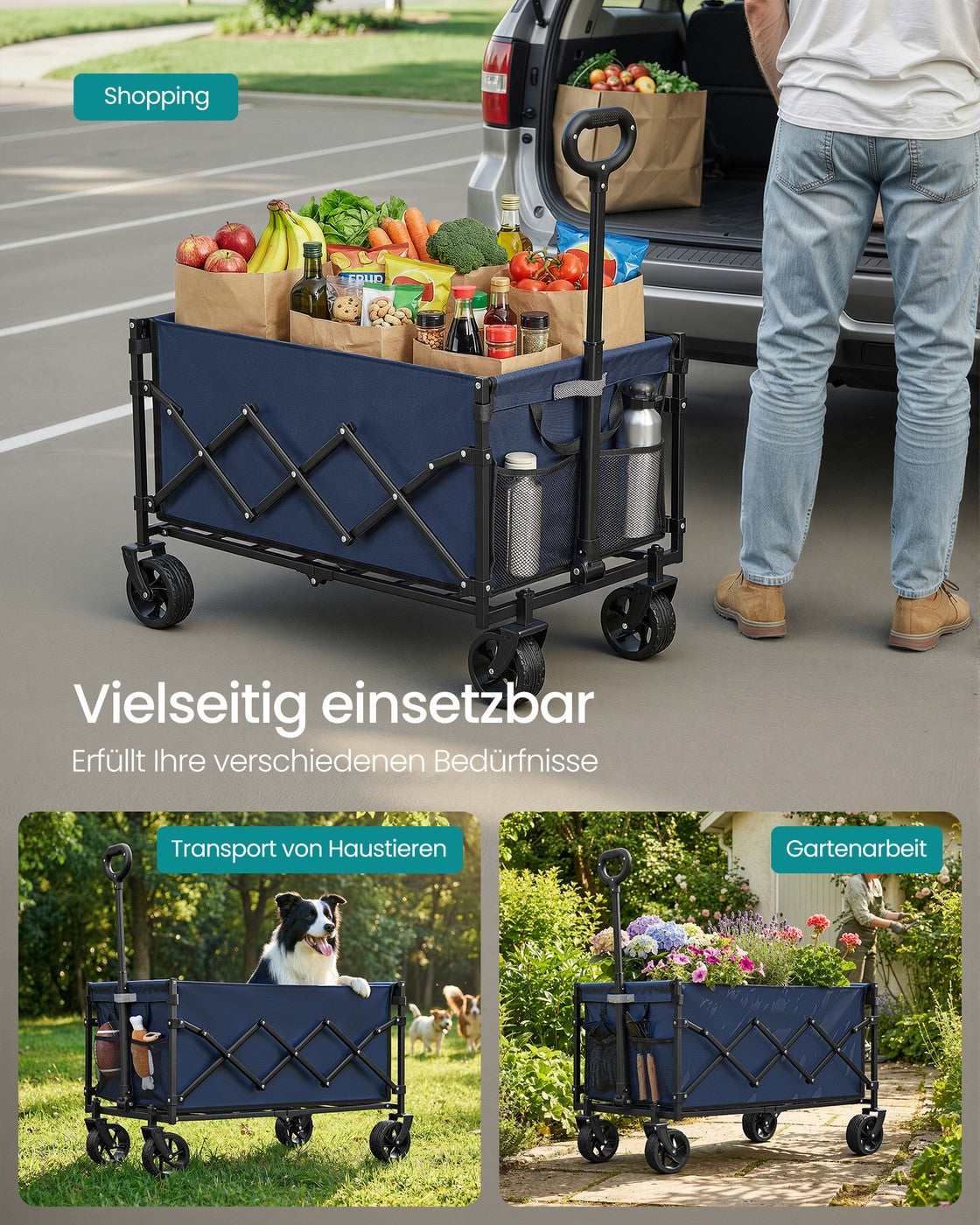 Handkar - 42 x 67 x 90,5 cm - 90 liter - Middernachtblauw - Max. draagkracht 216 kg - Opvouwbaar - Gewicht 5 kg
