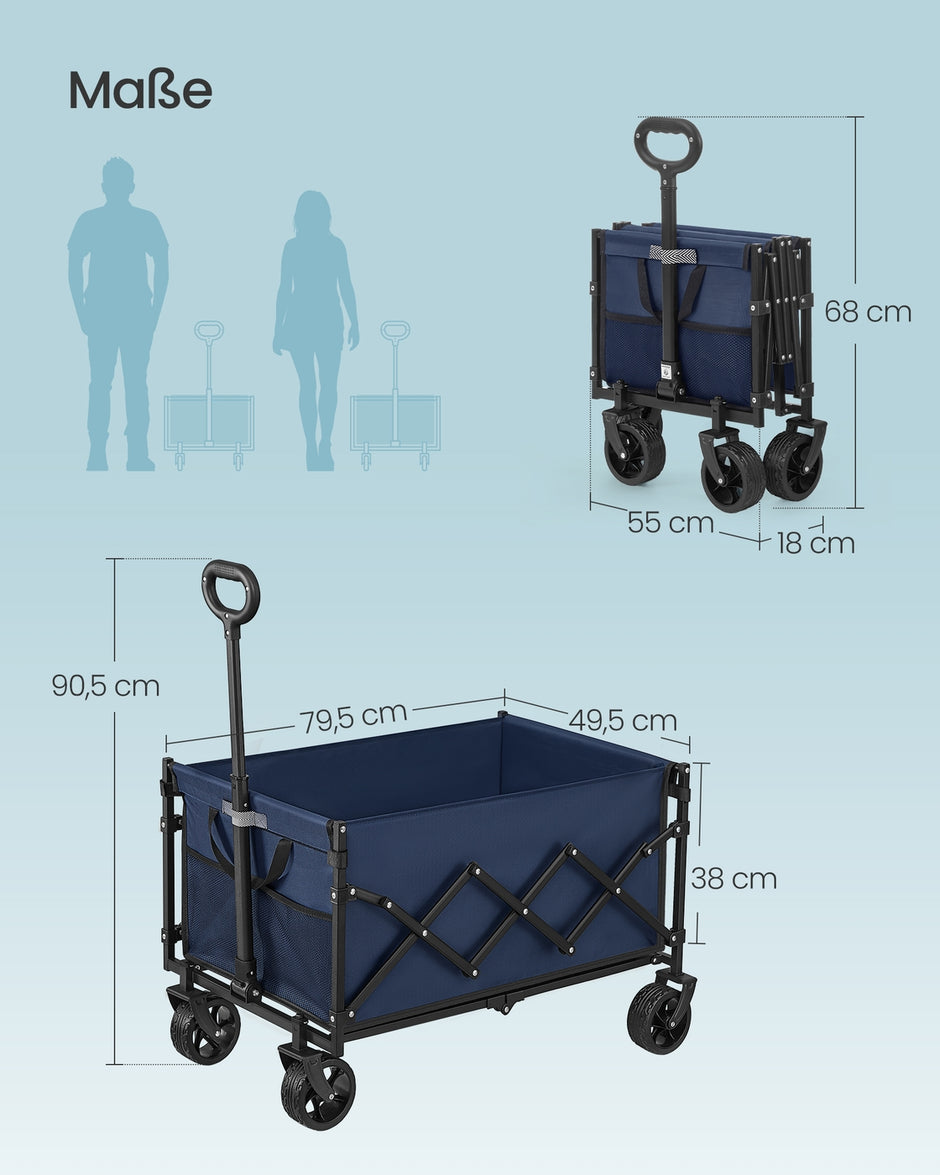 Handkar - 42 x 67 x 90,5 cm - 90 liter - Middernachtblauw - Max. draagkracht 216 kg - Opvouwbaar - Gewicht 5 kg