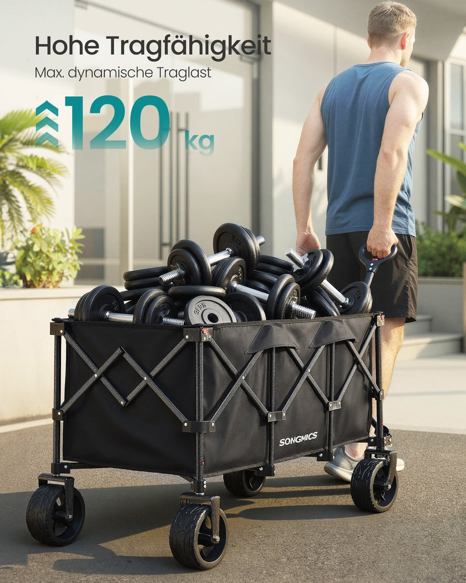 Opvouwbare handkar - 52 x 100 x 98 cm - 200 liter - inktzwart - draagvermogen tot 150 kg - 4 afneembare wielen - ingeklapt 32 x 21 x 64,5 cm - gewicht 10 kg