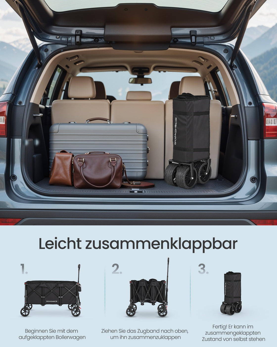 Opvouwbare handkar - 52 x 100 x 98 cm - 200 liter - inktzwart - draagvermogen tot 150 kg - 4 afneembare wielen - ingeklapt 32 x 21 x 64,5 cm - gewicht 10 kg