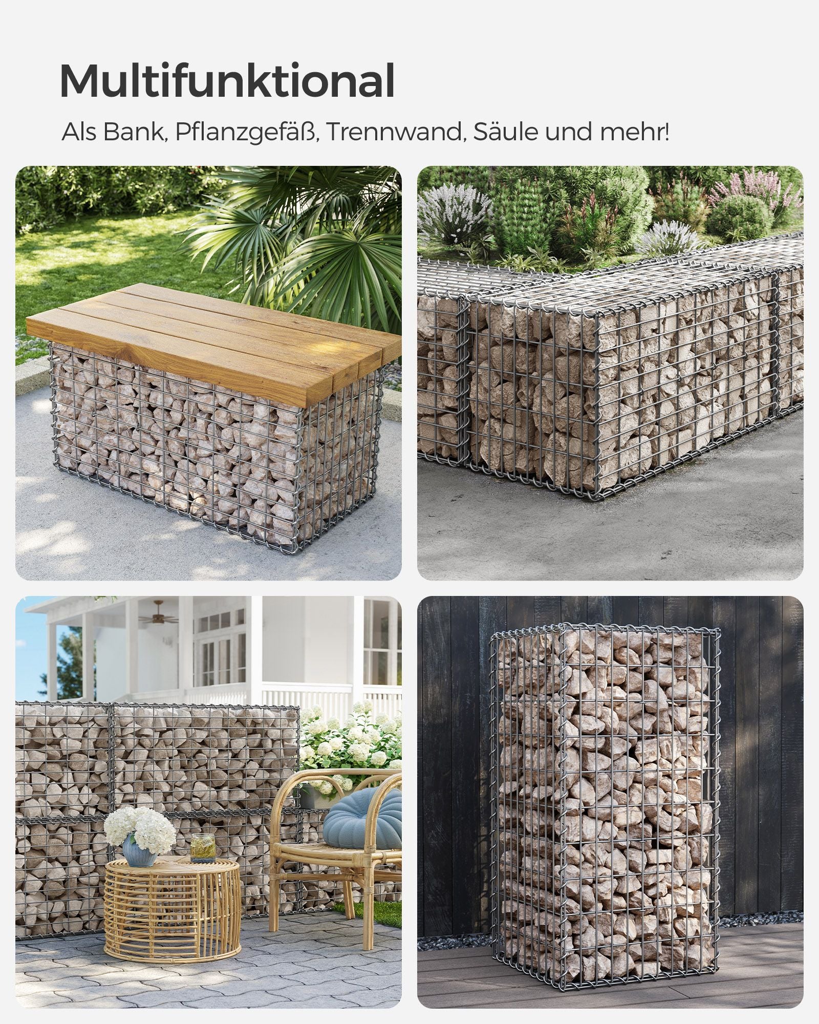 Gabions set om 4 – galvaniserat stål – silver