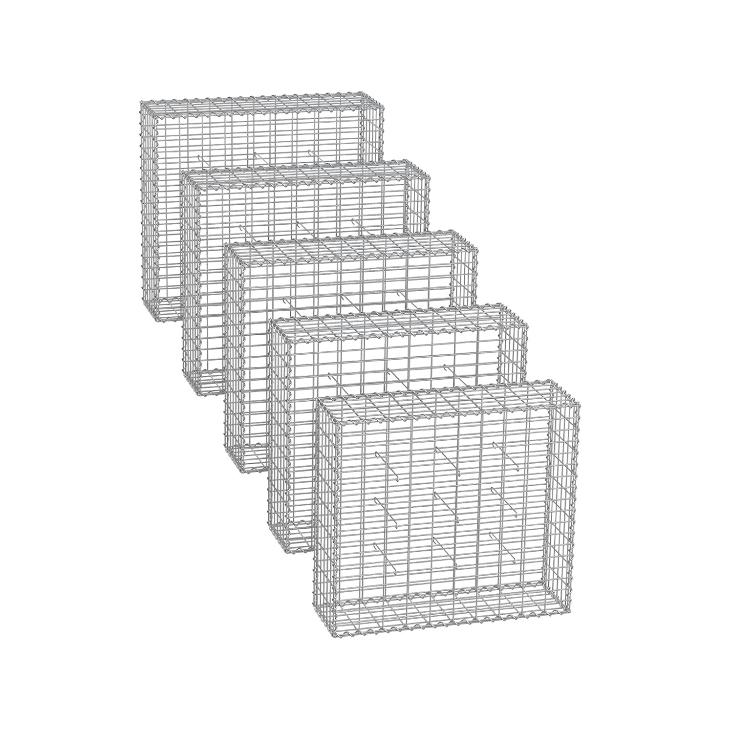 Set med 5 gabioner – maskstorlek 5 x 10 cm – silver