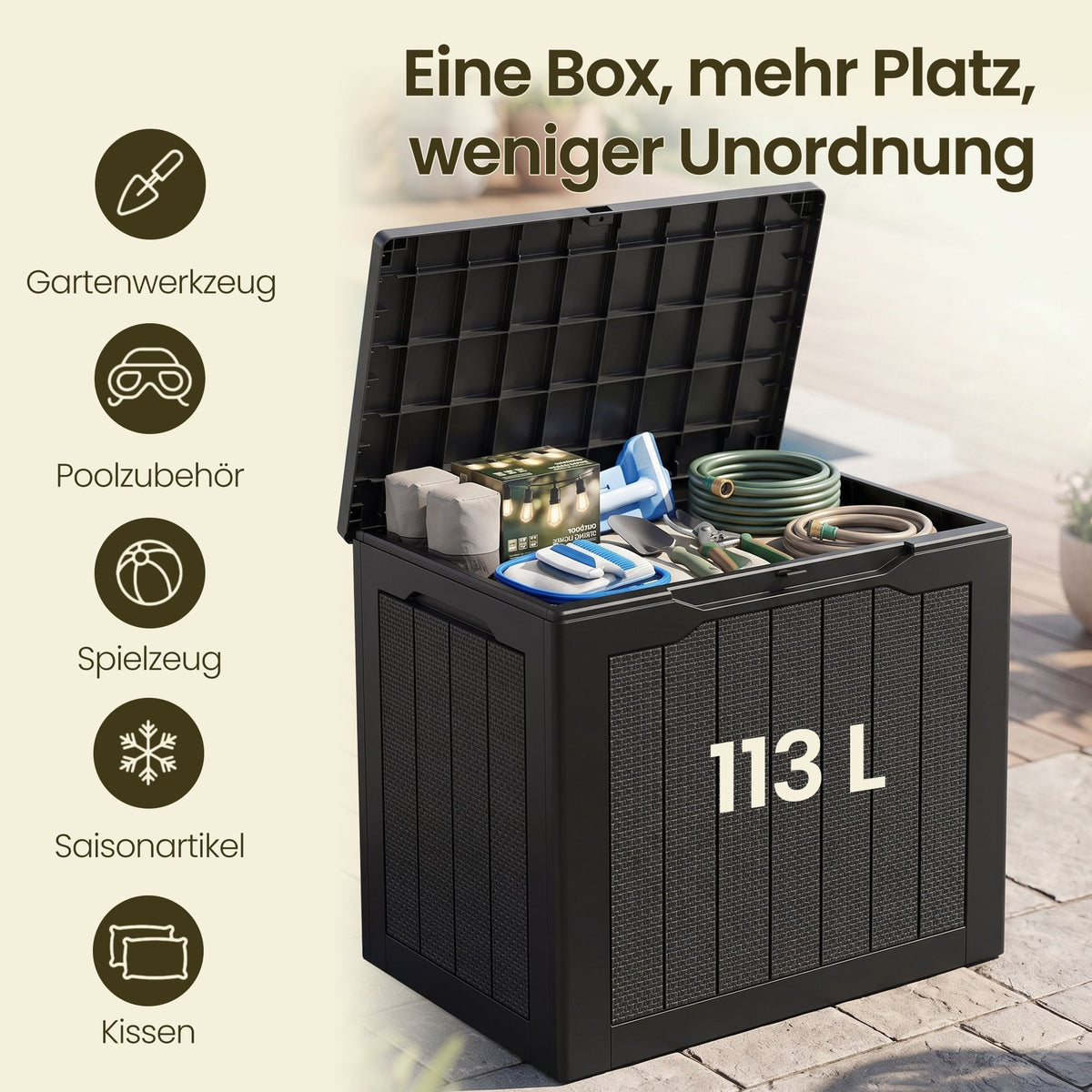 Kussenbox voor Buiten – 113 L – Waterdicht – Kunststof – Zwart