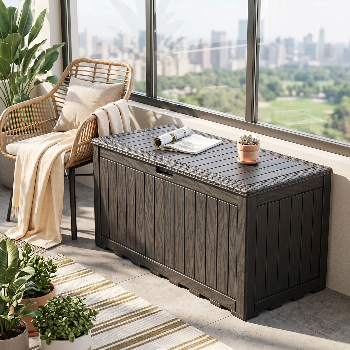 Kussenbox voor Buiten – 270 L – Weerbestendig – Houtlook – Zwart