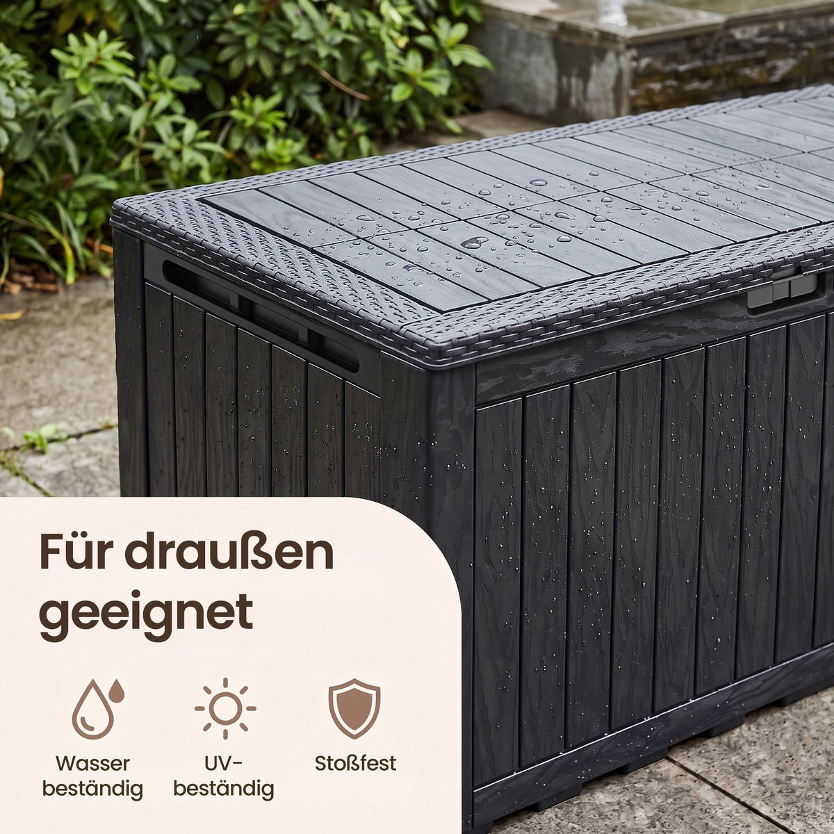 Kussenbox voor Buiten – 270 L – Weerbestendig – Houtlook – Zwart