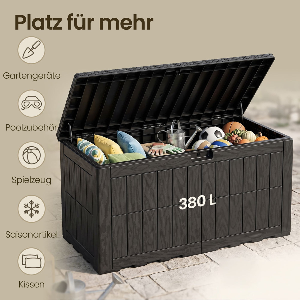 Kussenbox voor Buiten – 380 L – Waterdicht – Hout- en Rotanlook – Zwart