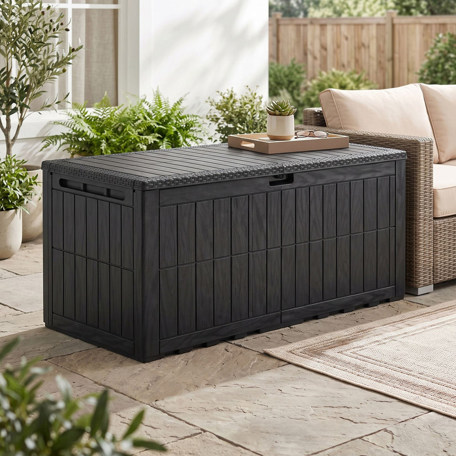 Kussenbox voor Buiten – 623 L – Waterdicht – Hout- en Rotanlook – Zwart
