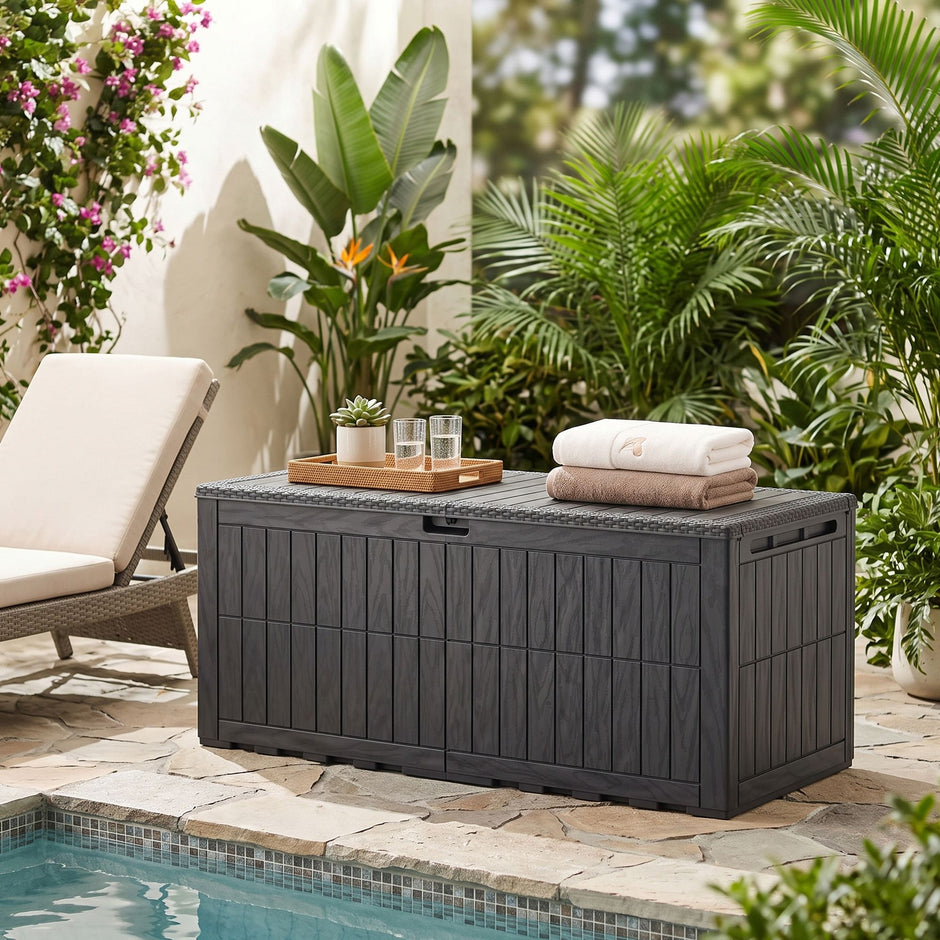 Kussenbox voor Buiten – 623 L – Waterdicht – Hout- en Rotanlook – Zwart