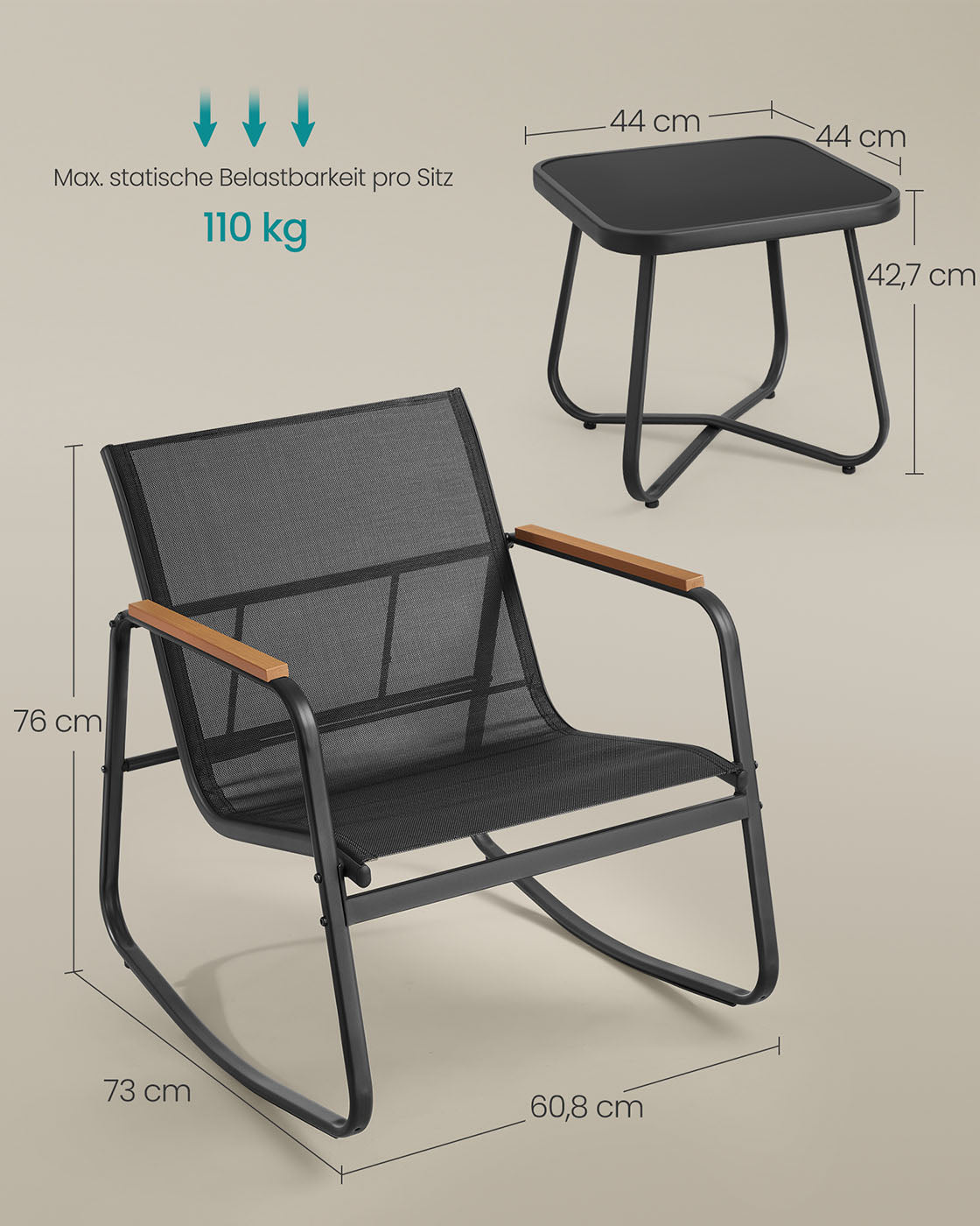 Trädgårdsset – Gungstolar med bord – Bläcksvart – 3-delat