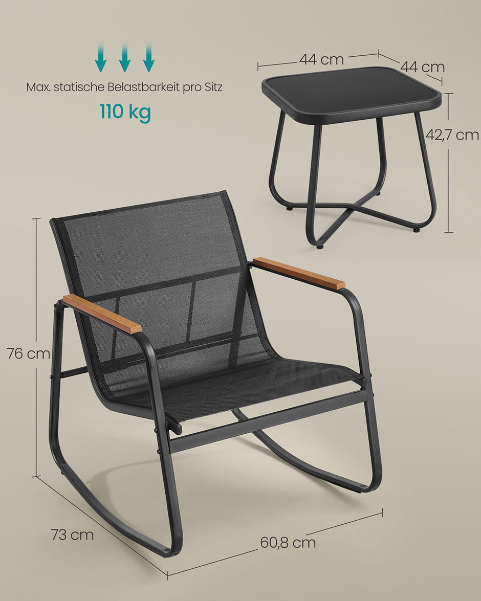 Trädgårdsset – Gungstolar med bord – Bläcksvart – 3-delat