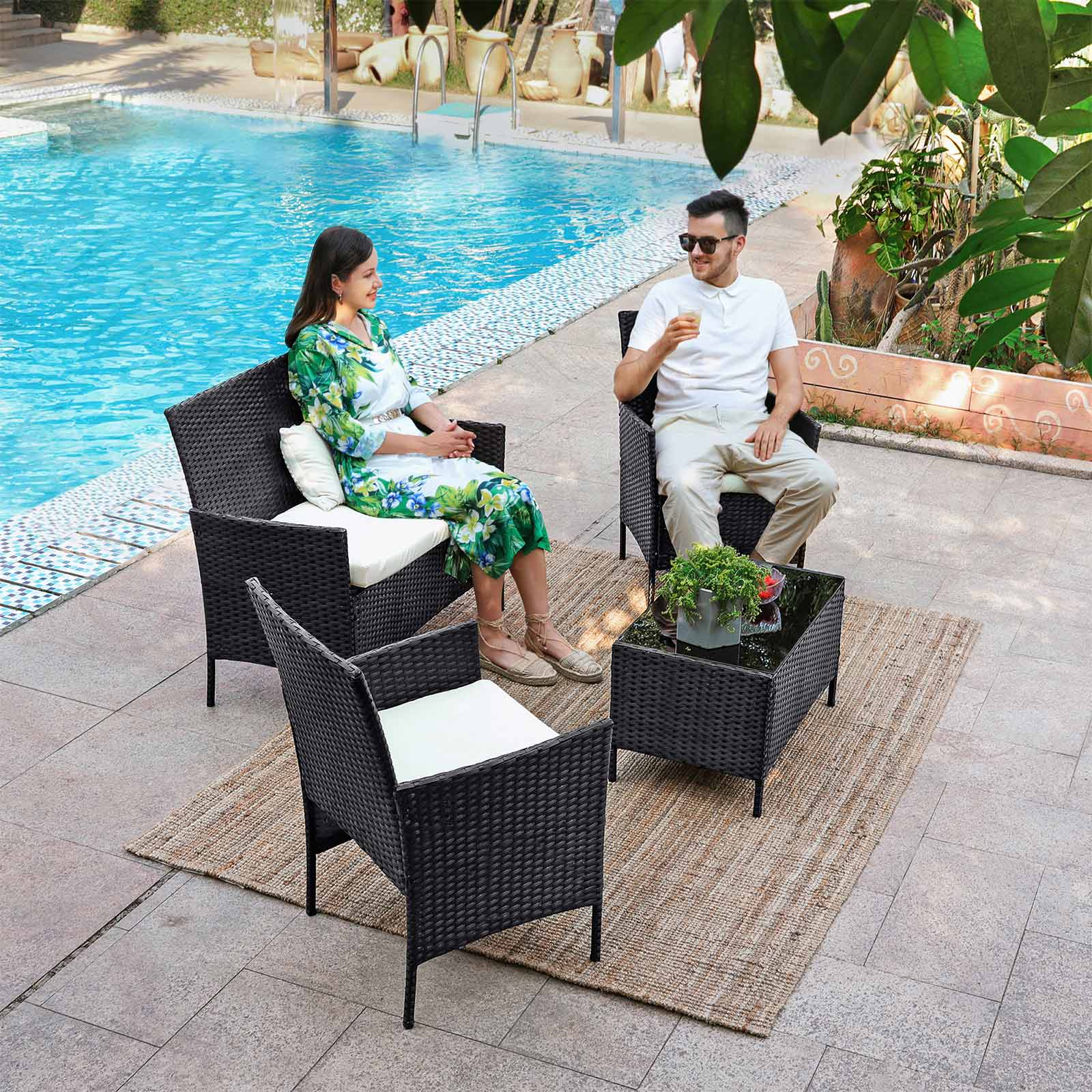 Garden Furniture Set - Lounge Set - Rattan Look - 2 stolar och glasbord - Svart