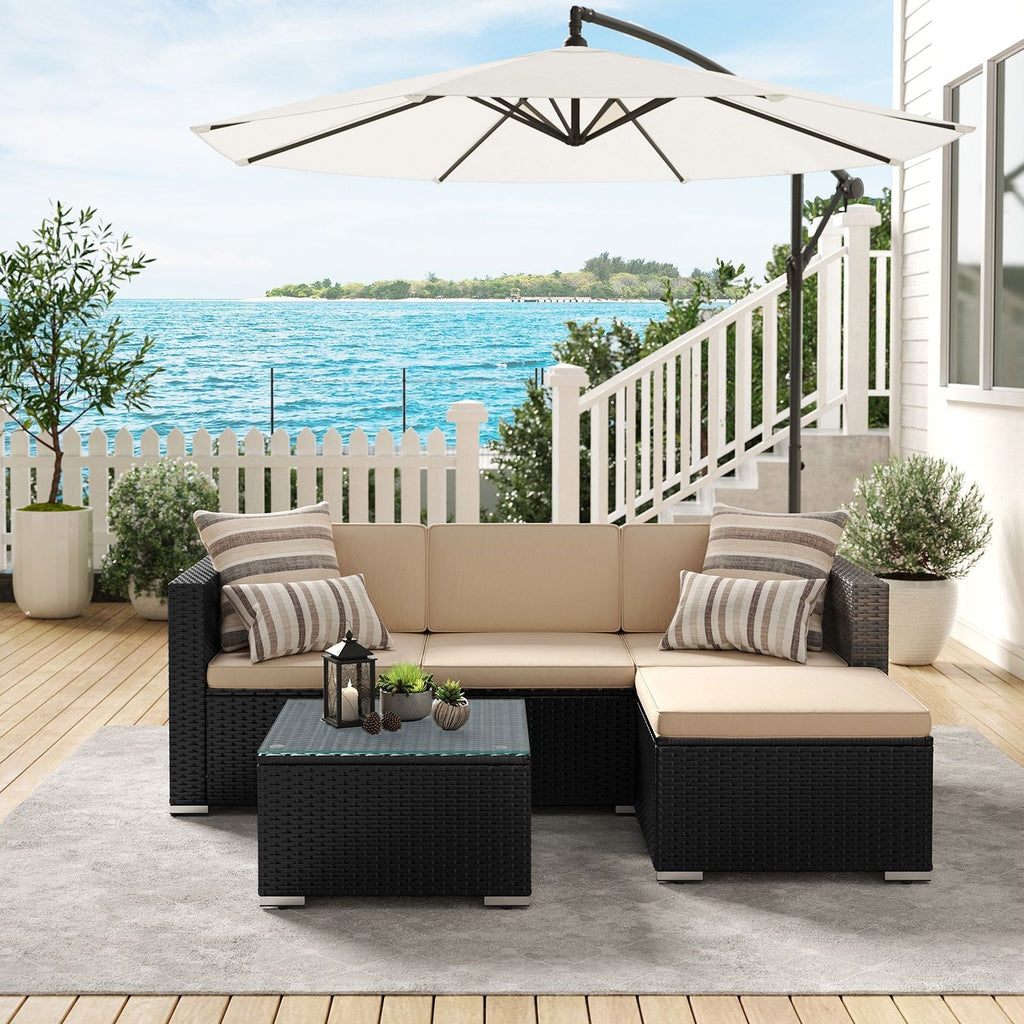 Garden Furniture Set - Lounge Set - Garden Bench and Table - With Pillows - Glass Top - Black / Beige