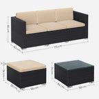 Garden Furniture Set - Lounge Set - Garden Bench and Table - With Pillows - Glass Top - Black / Beige