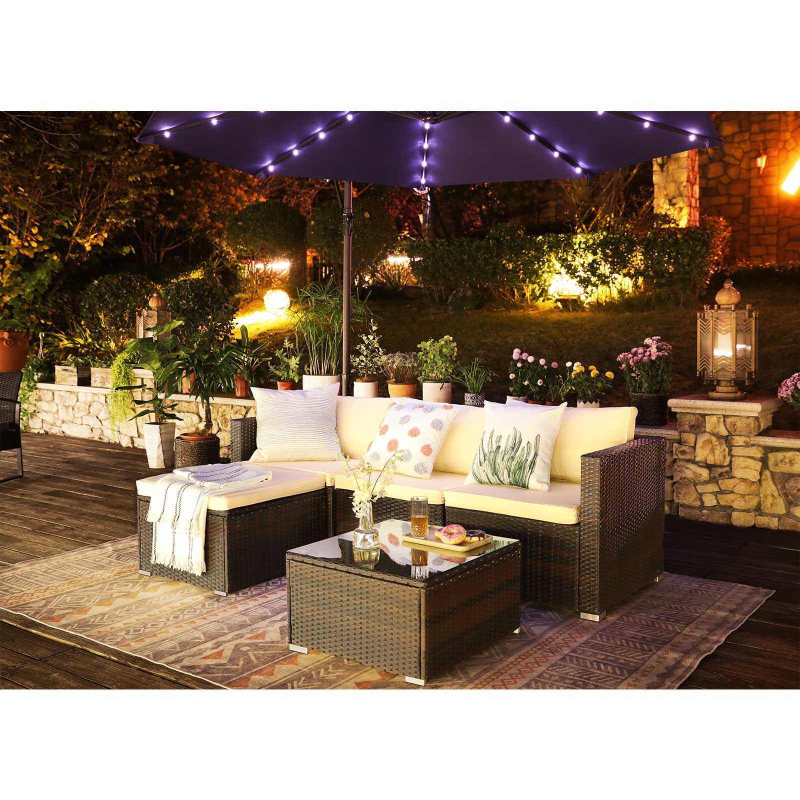 Garden Furniture Set - Polyrotan Lounge Set - Garden Table With Glass Top - Brown/Beige