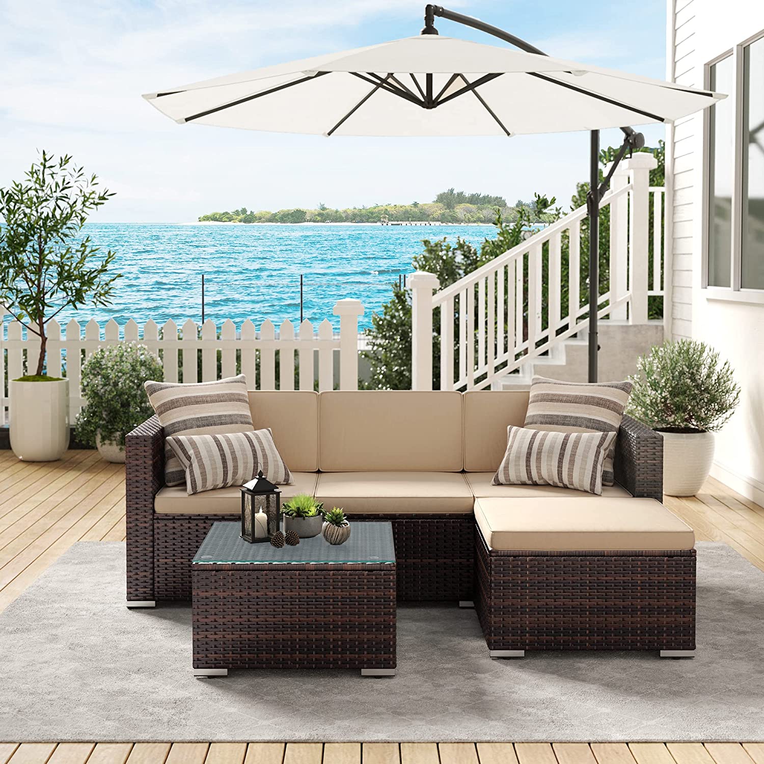 Lounge Set - Garden Furniture Set - Corner Soffa With Table - Glass Top - Brown