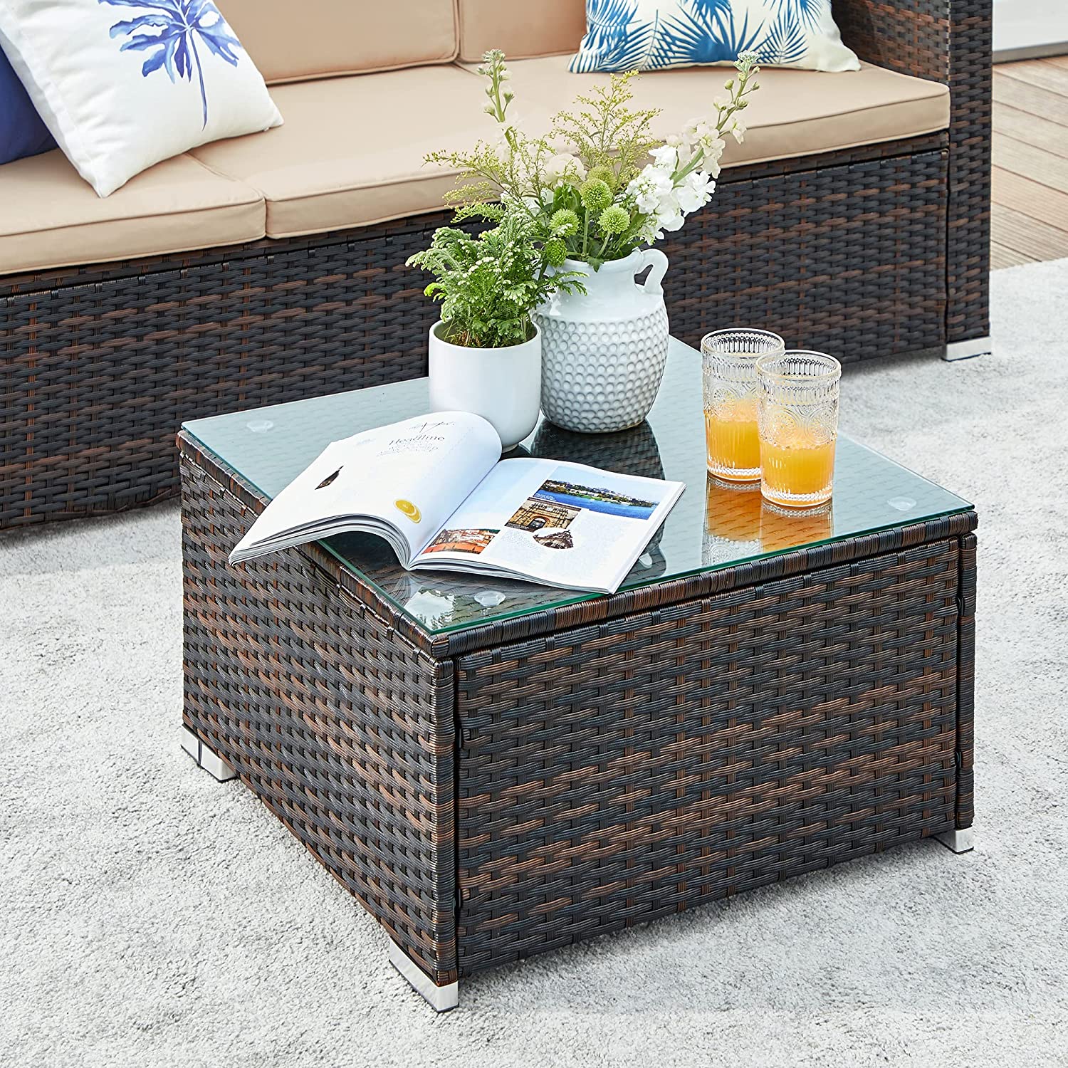 Lounge Set - Garden Furniture Set - Corner Soffa With Table - Glass Top - Brown
