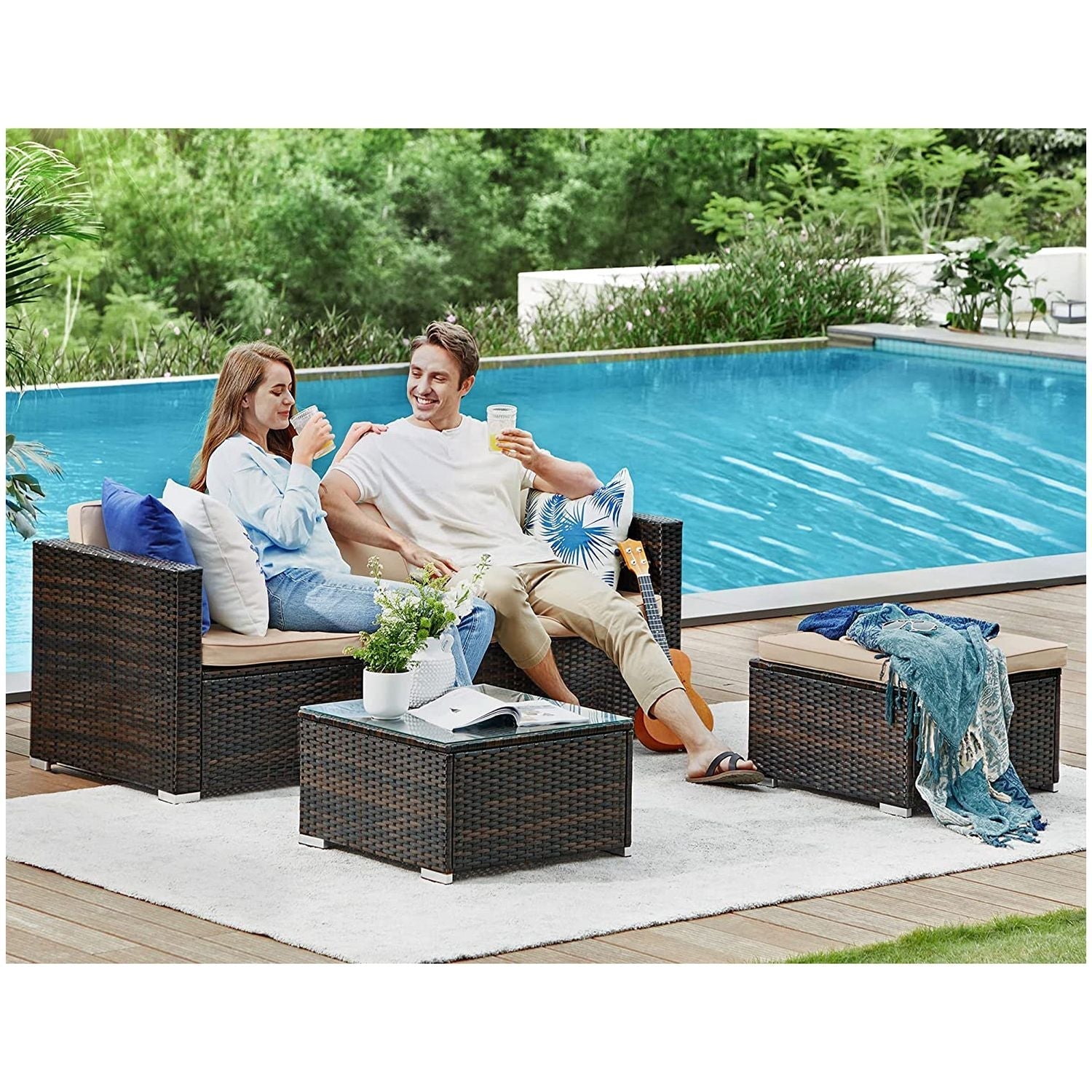 Lounge Set - Garden Furniture Set - Corner Soffa With Table - Glass Top - Brown