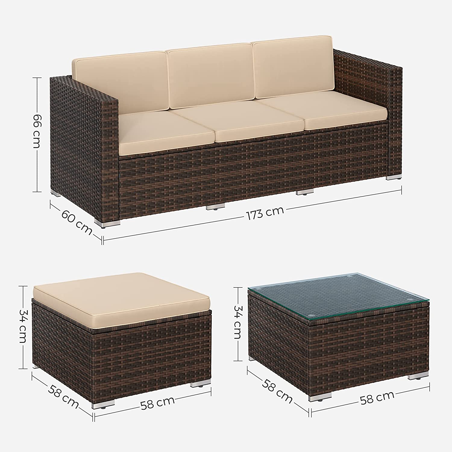 Lounge Set - Garden Furniture Set - Corner Soffa With Table - Glass Top - Brown