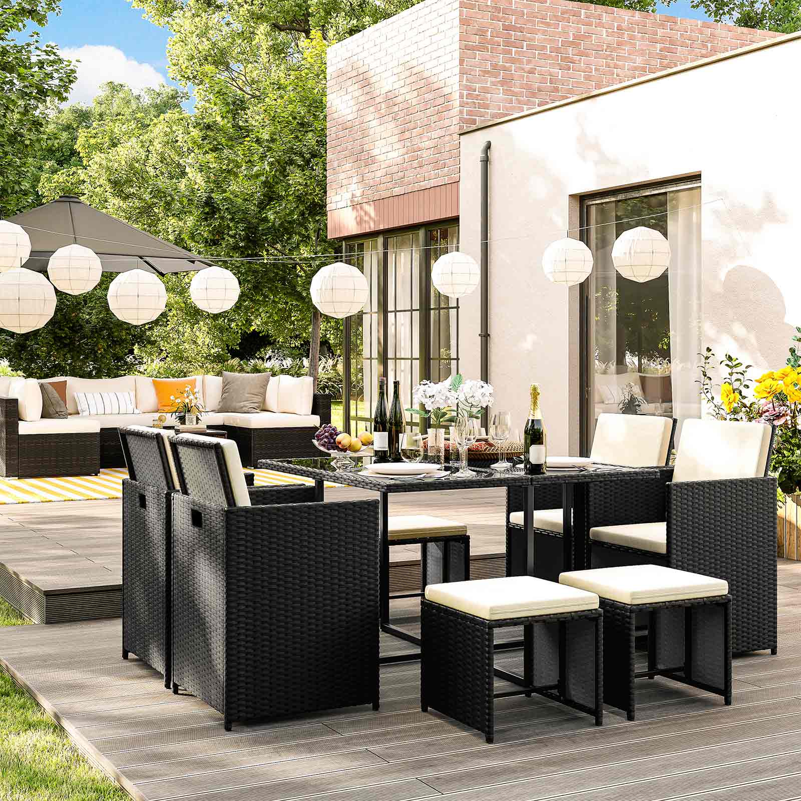 Garden Furniture Set - Lounge Set - Rattan Look - 2 stolar och glasbord - Svart