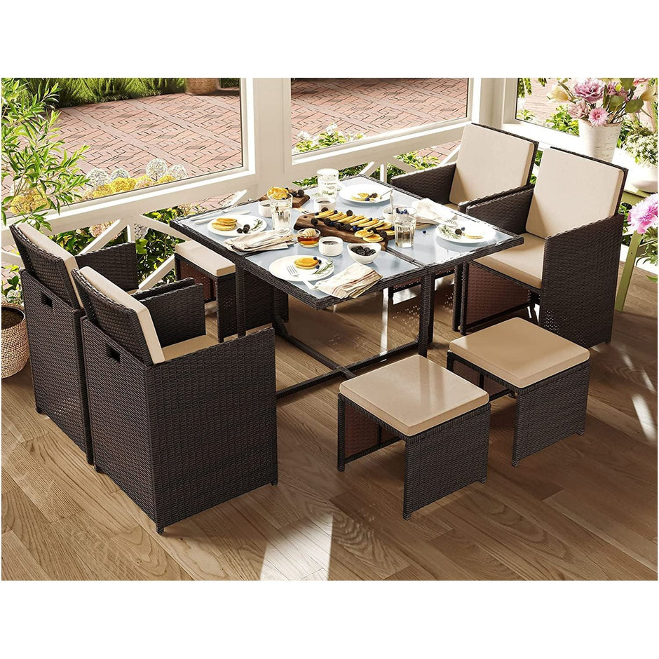 Trädgårdsmöbelset – Platssparande – Set om 9 – Brun-beige