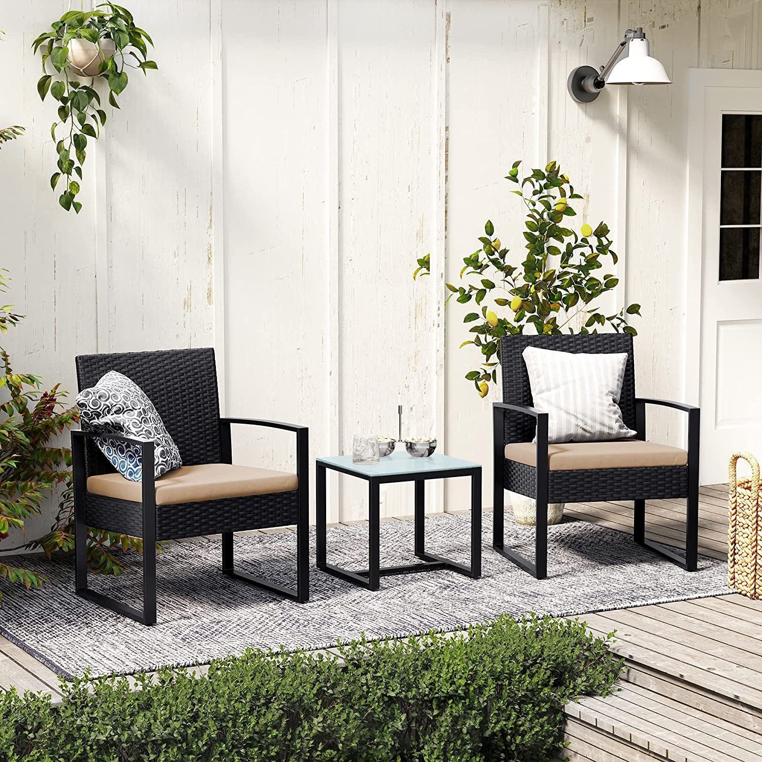 Tuinmeubelset - 3-Delig - Polyrattan - Tafel en 2 Stoelen - Met Kussens