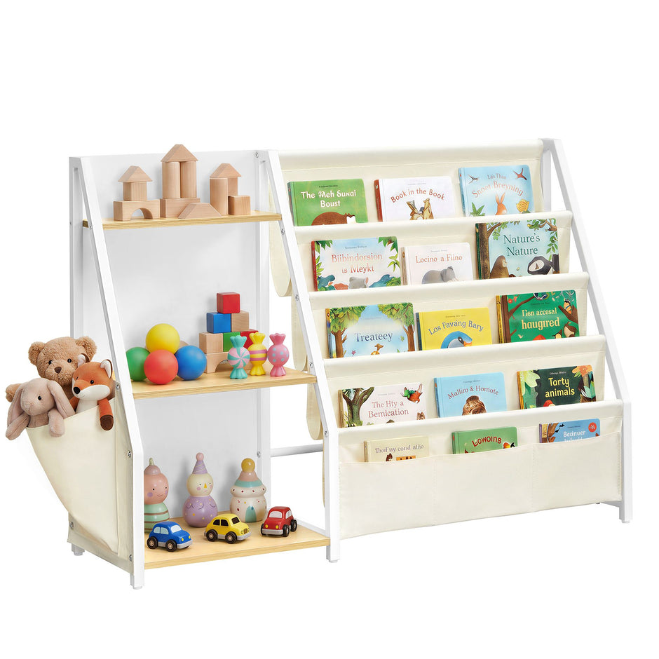 Montessori Boekenkast voor Kinderen – Met Stoffen Vakken – 108,5 cm – Beukenbeige en Crèmewit