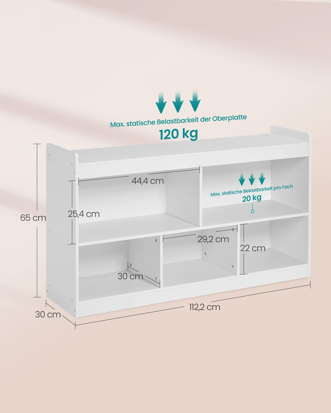 Kinderplank - 30 x 112,2 x 65 cm - Wolkenwit - 120 kg capaciteit bovenste plank - 20 kg per vak - Spaanplaat, MDF