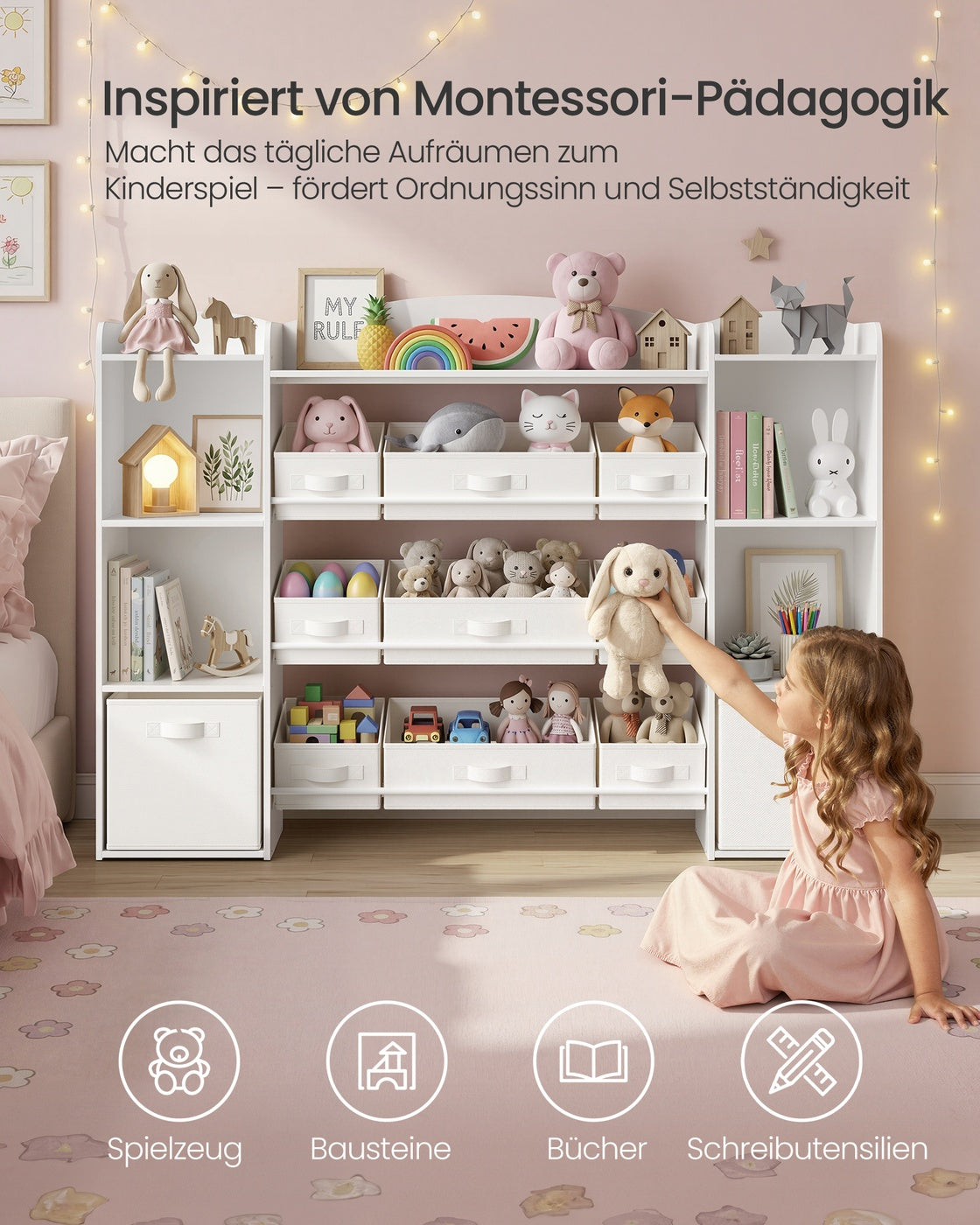 Kinderplank - 30 x 143,8 x 104 cm - 4 open vakken - 9 middelgrote en 2 zijvakken - kleur: wolkenwit - maximale belasting per plank: 20 kg - maximale belasting per open vak: 10 kg - maximale totale belasting: 160 kg
