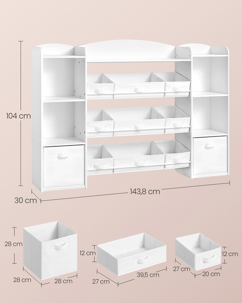 Kinderplank - 30 x 143,8 x 104 cm - 4 open vakken - 9 middelgrote en 2 zijvakken - kleur: wolkenwit - maximale belasting per plank: 20 kg - maximale belasting per open vak: 10 kg - maximale totale belasting: 160 kg