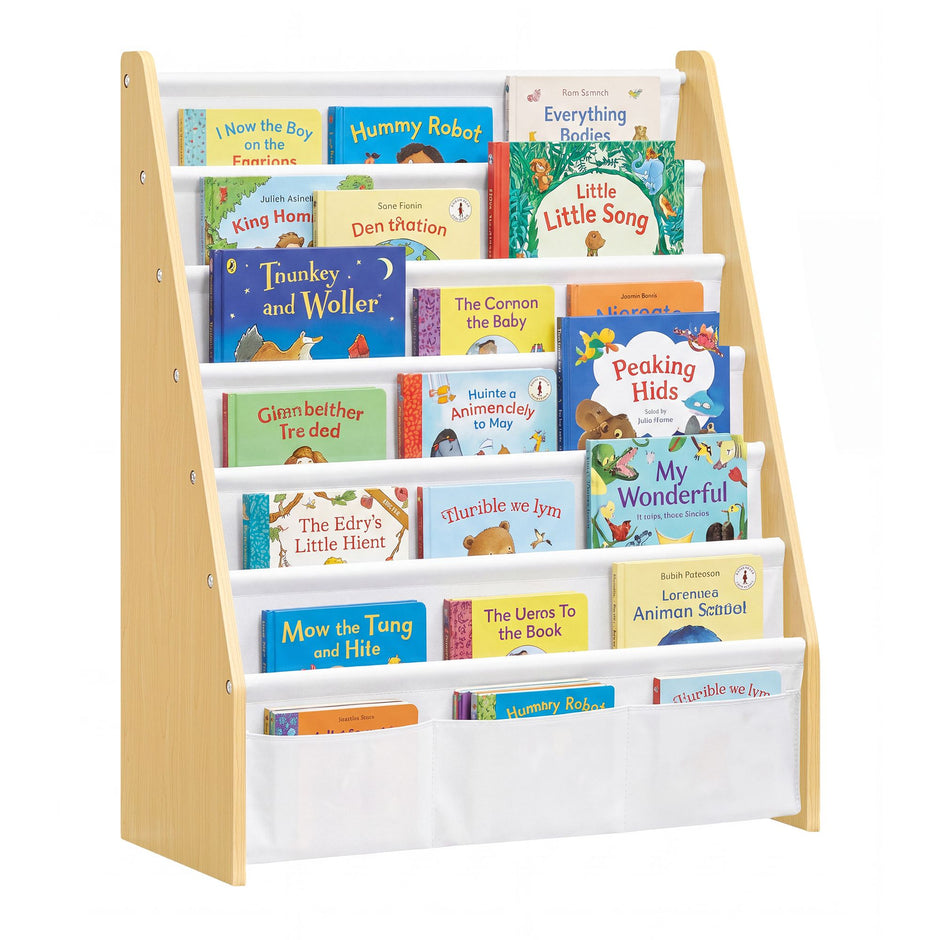 Kinderboekenkast – 6 Vakken – Staal en Oxfordstof – Montessori – Beukenbeige en Wit