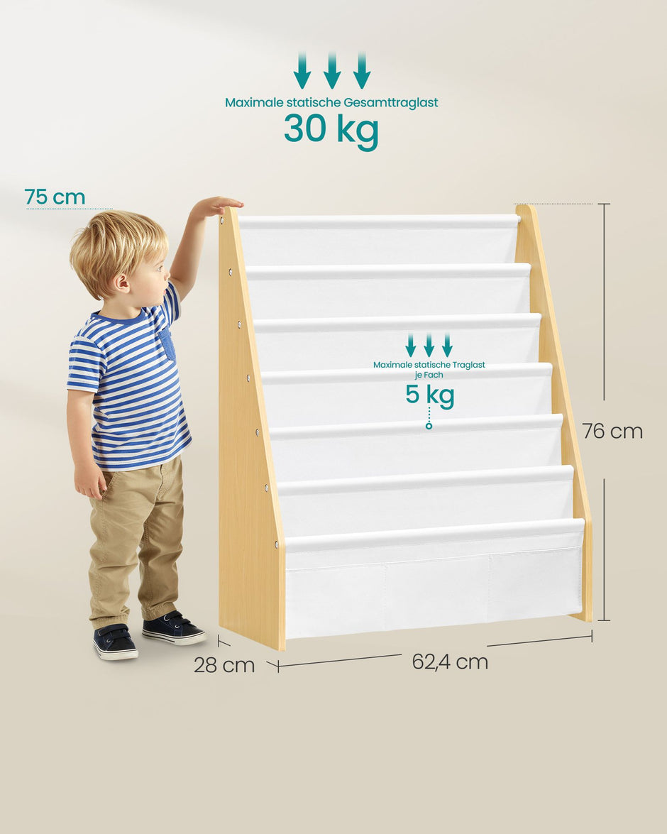 Kinderboekenkast – 6 Vakken – Staal en Oxfordstof – Montessori – Beukenbeige en Wit