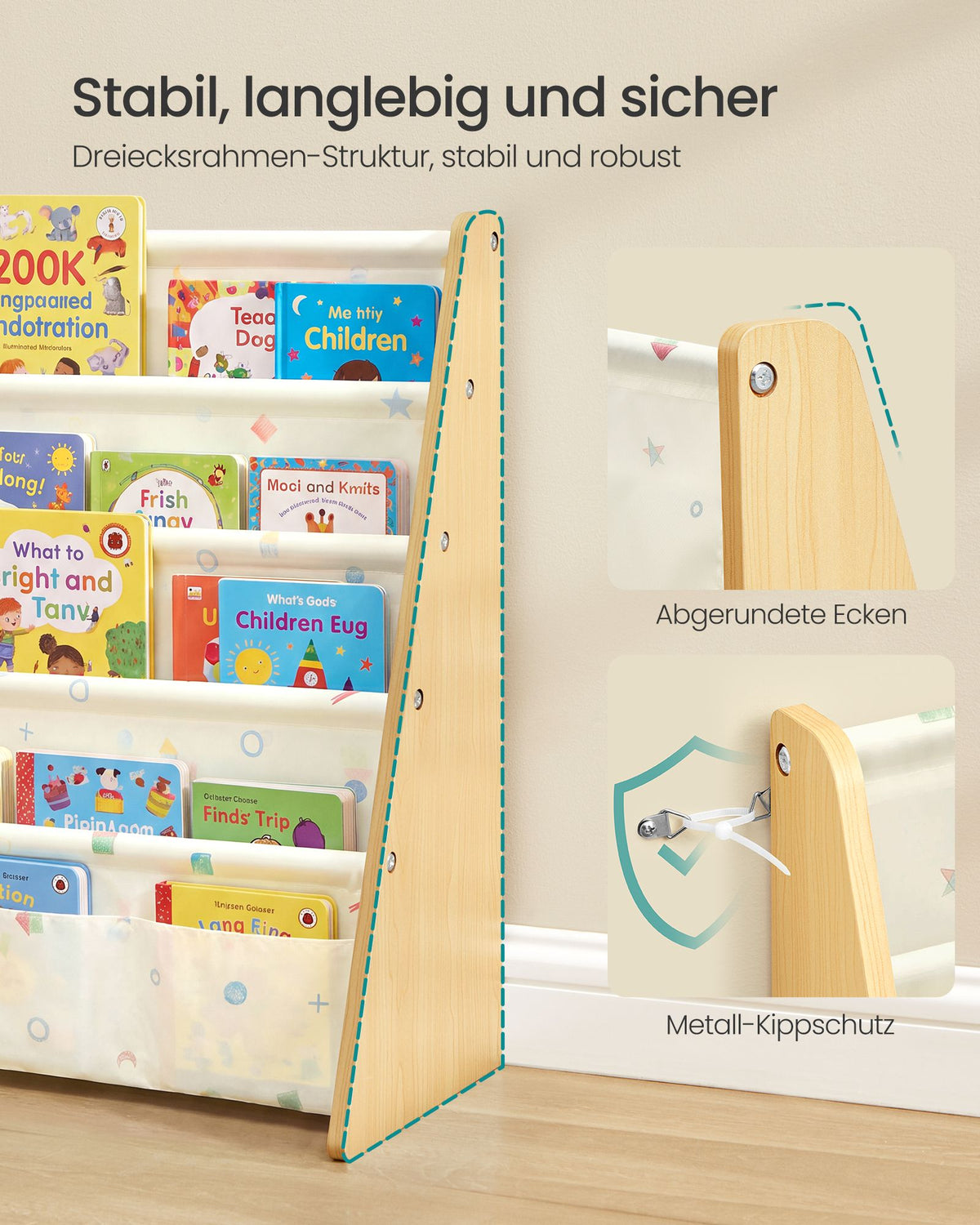 Kinderboekenkast – 4 Vakken – Staal en Oxfordstof – Montessori – Beukenbeige