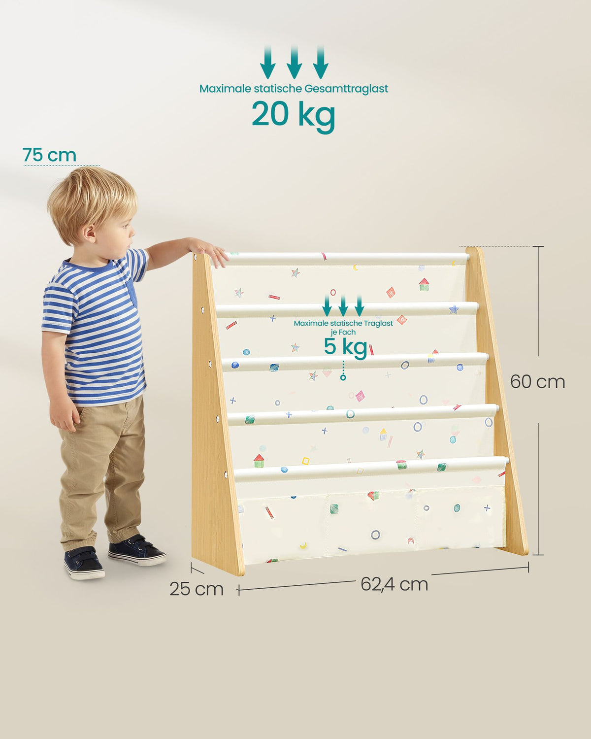 Kinderboekenkast – 4 Vakken – Staal en Oxfordstof – Montessori – Beukenbeige