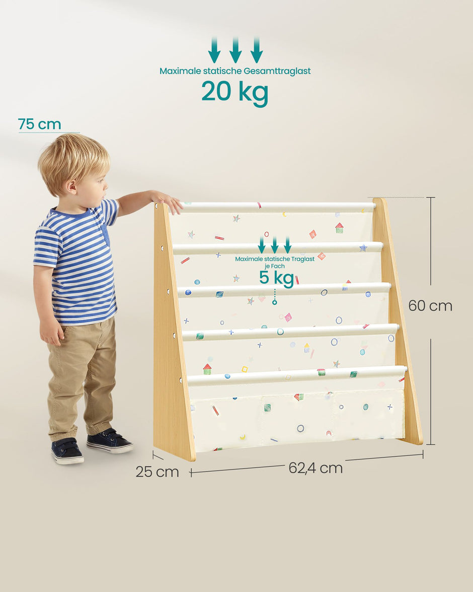 Kinderboekenkast – 4 Vakken – Staal en Oxfordstof – Montessori – Beukenbeige
