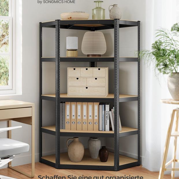 Hörnhylla – lastkapacitet 875 kg – pulverlackerat stål – bläcksvart & naturbeige