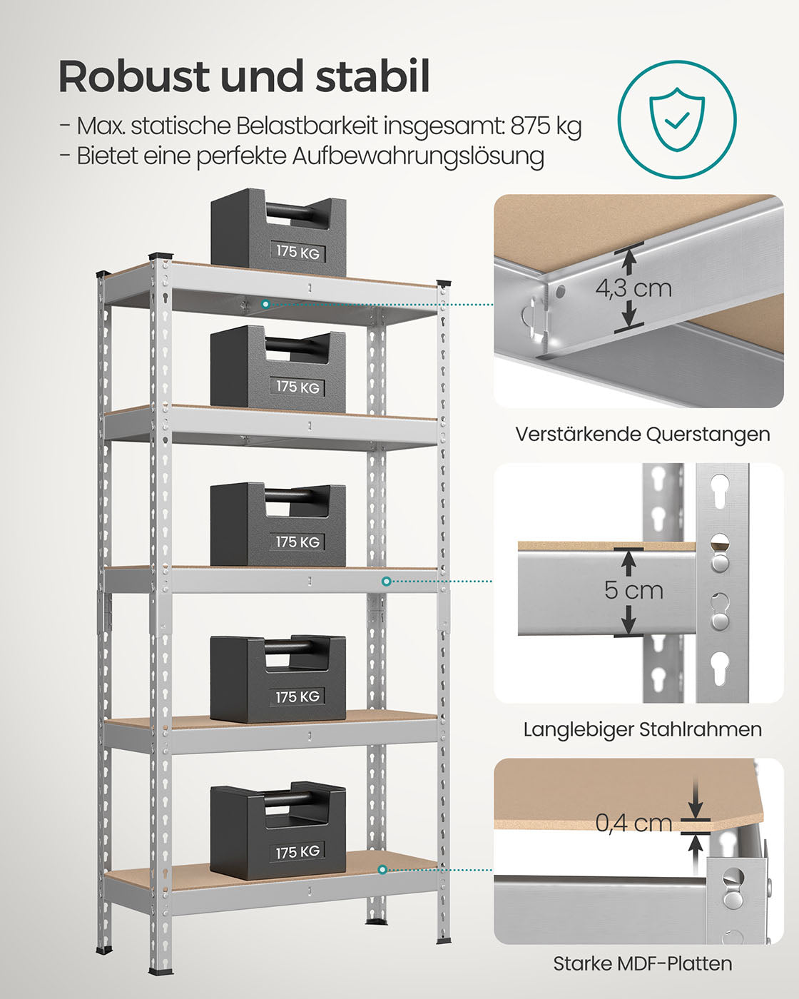 Tung hylla med 5 hyllor 30 x 75 x 150 cm silver