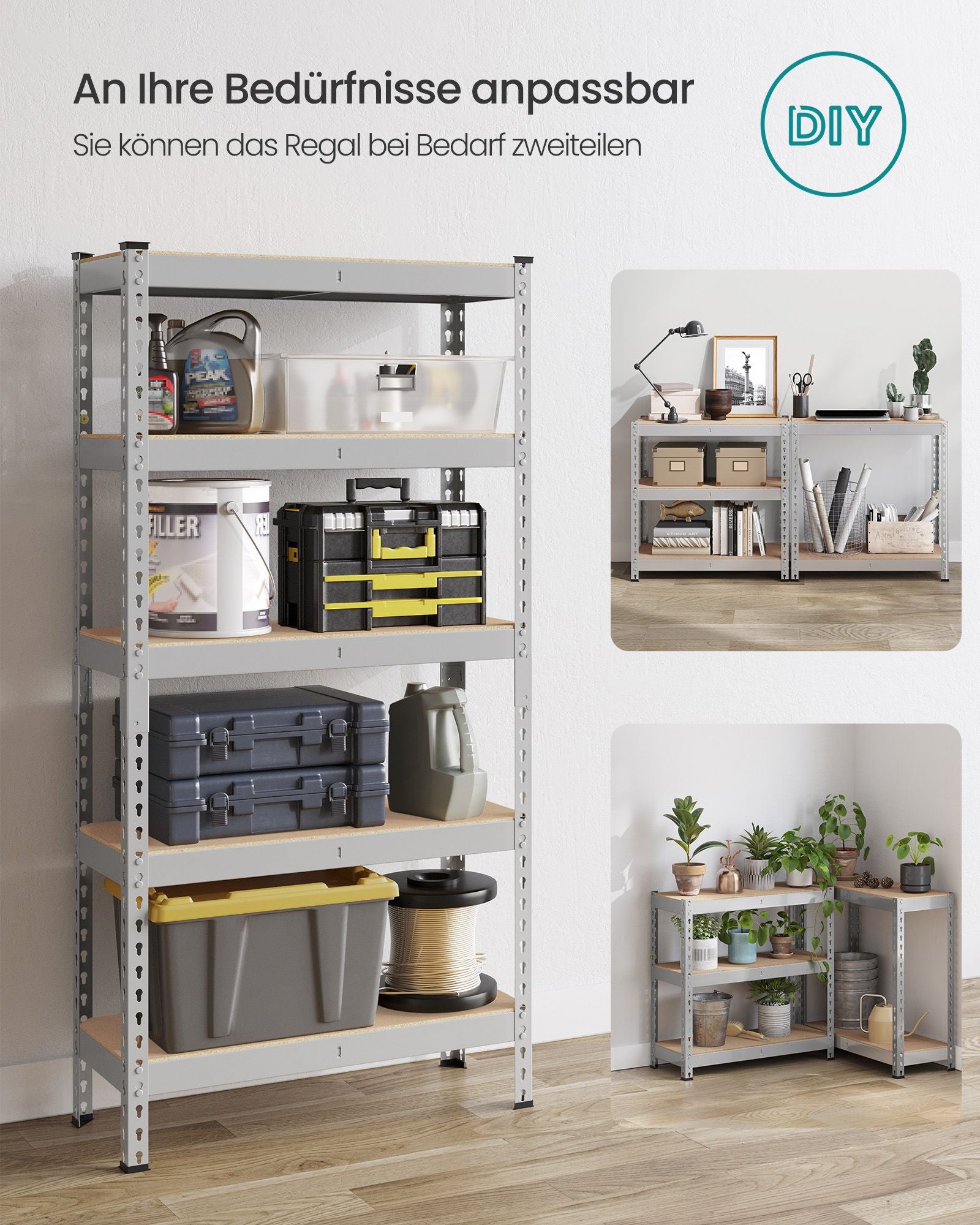 Tung bokhylla – 5 hyllor – Stål – Silver