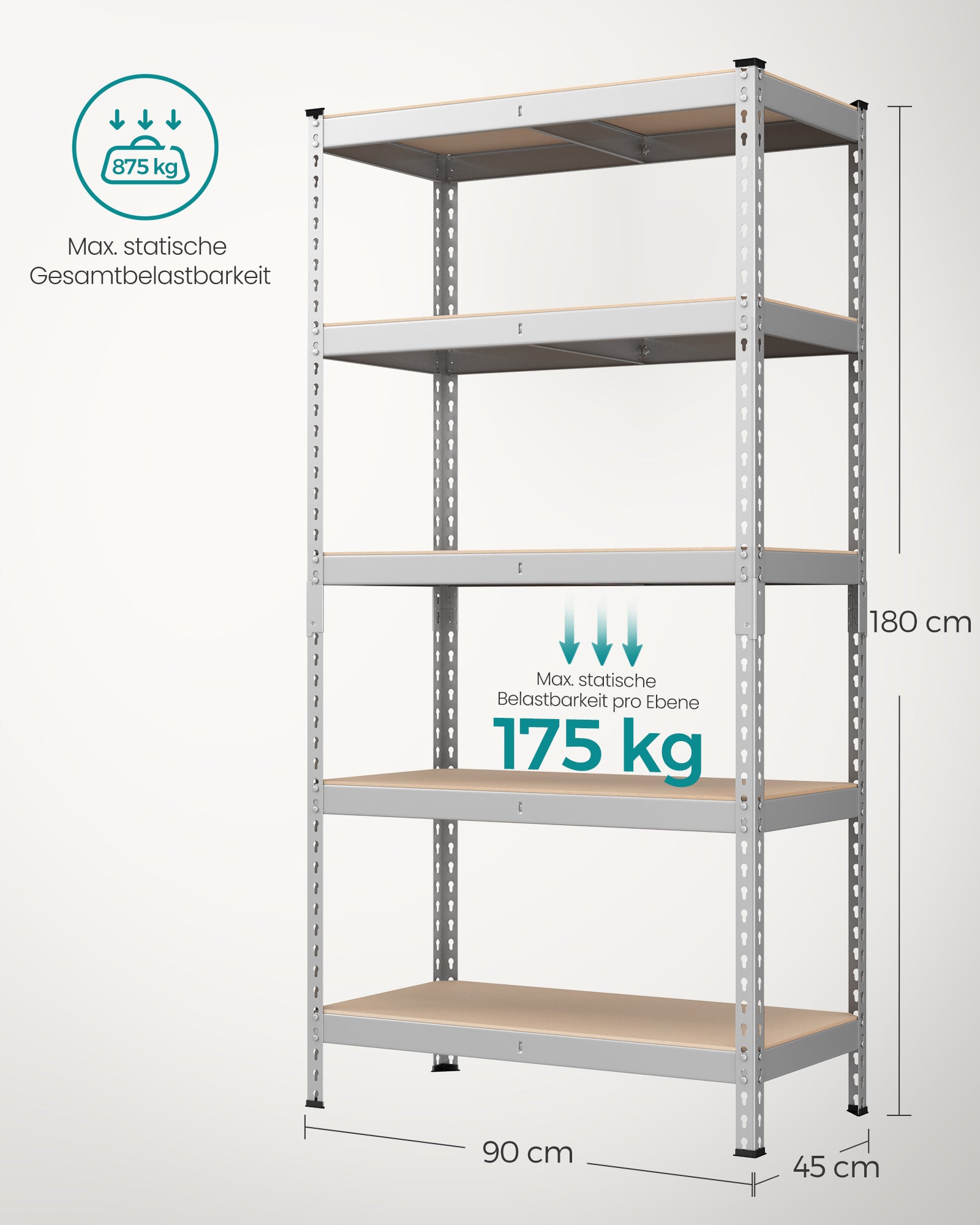 Tung hylla med 5 hyllor 45 x 90 x 180 cm silver