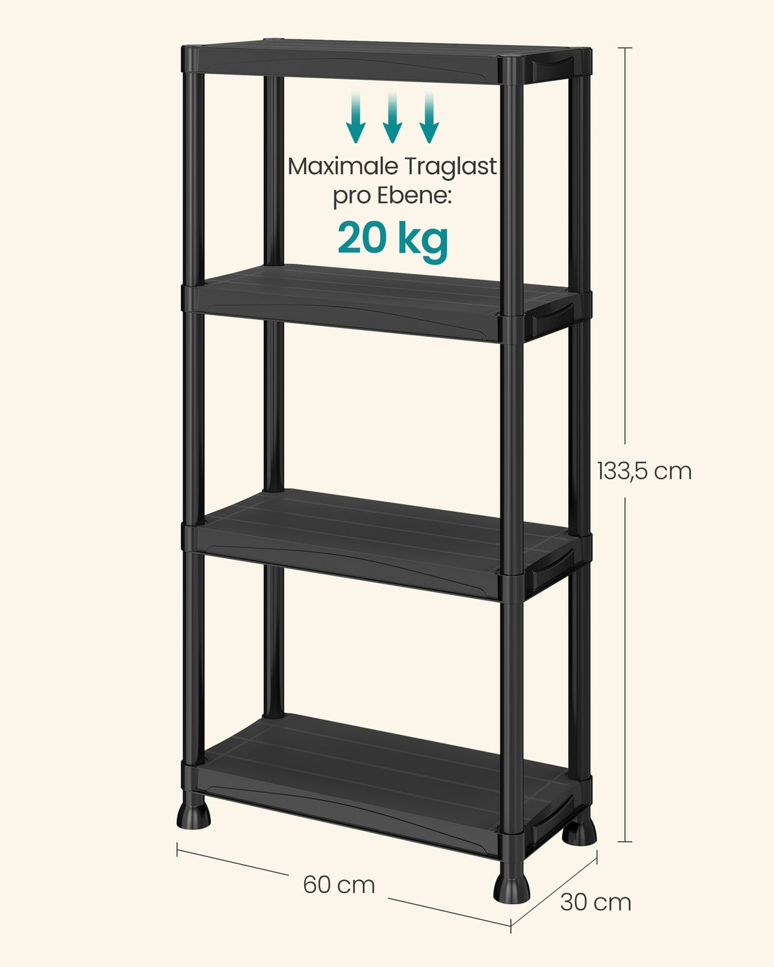 Kunststof Stellingkast – 4 Planken – Tot 80 kg – 60 x 30 x 133,5 cm – Zwart