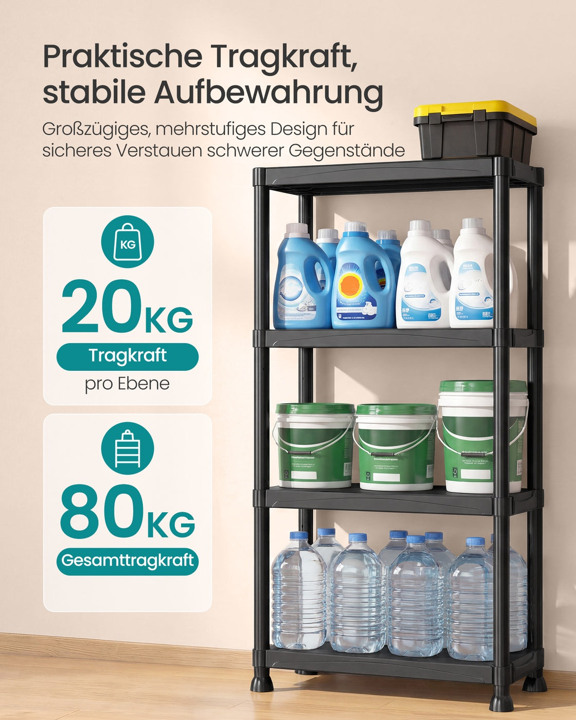 Kunststof Stellingkast – Set van 2 – 4 Planken – Tot 80 kg – 60 x 30 x 133,5 cm – Zwart