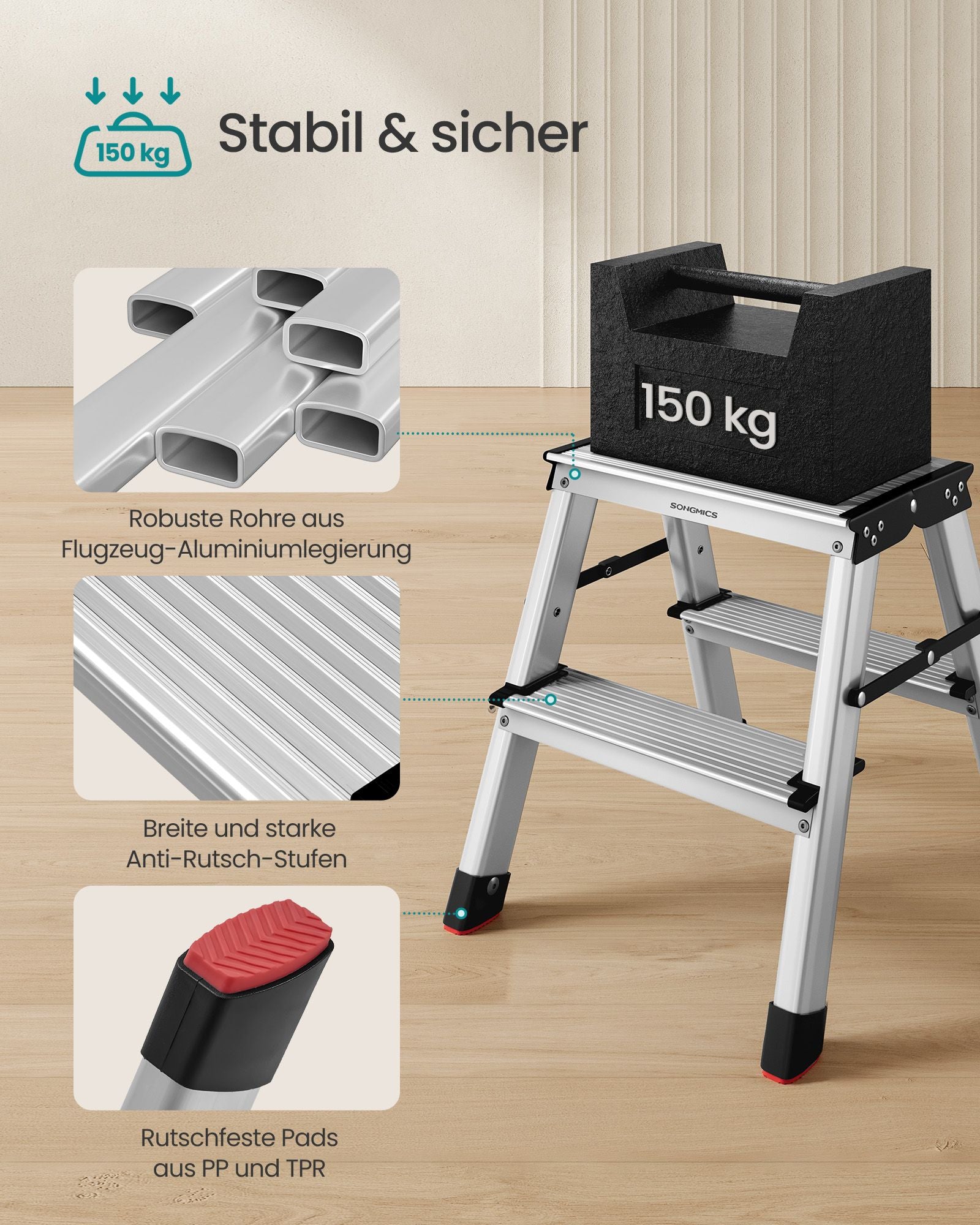 Stege med 2 anti-halksteg, aluminium silver-grå-bläck svart
