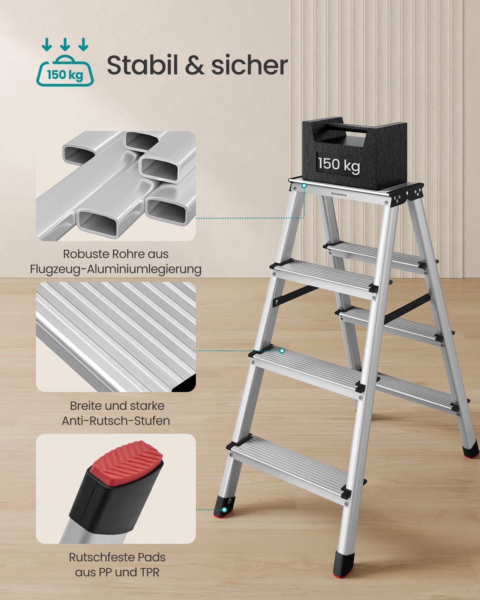 Stege med 4 anti-halksteg – aluminium – silver-grå-bläck svart