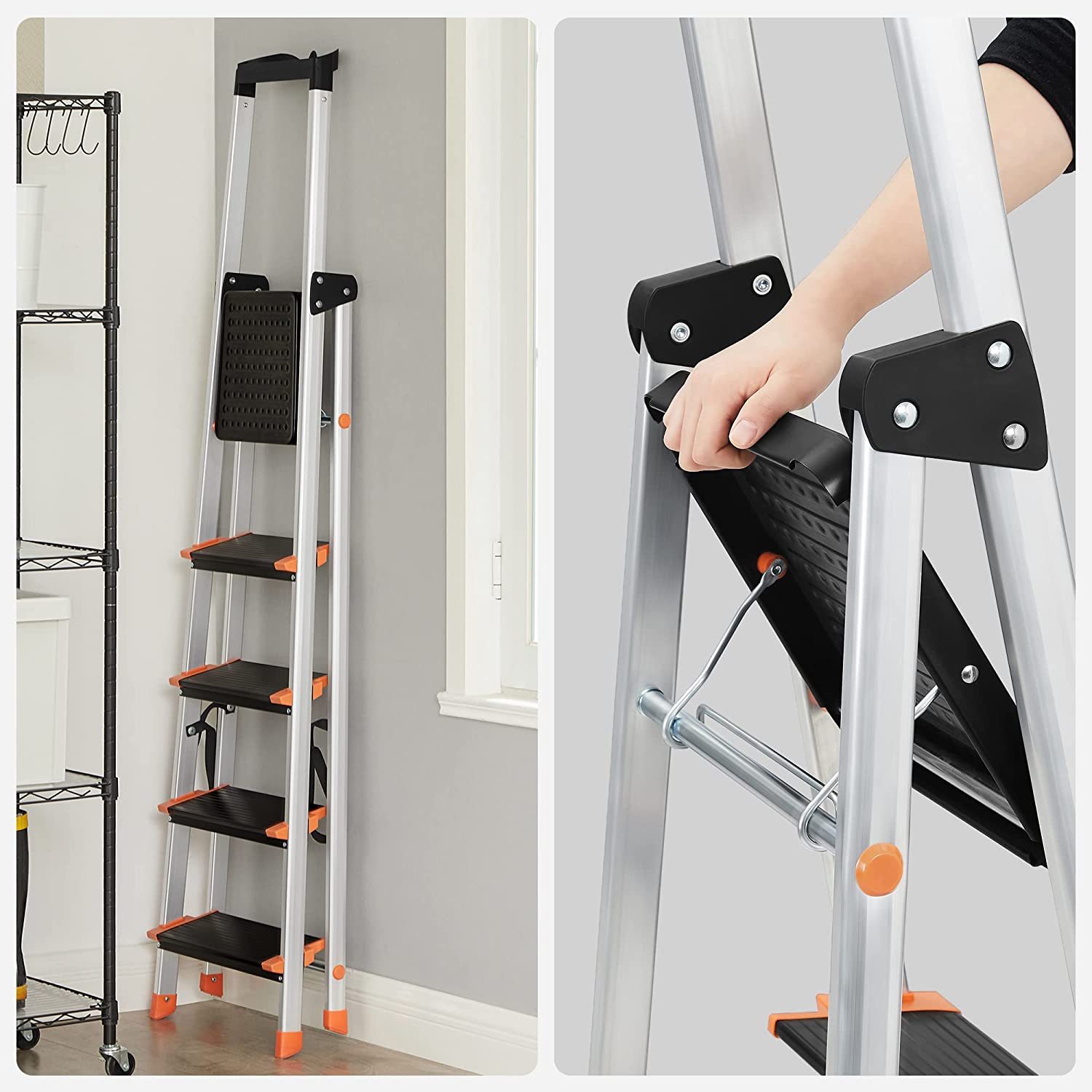 Fällbar stegstege – 5 steg – Aluminium – Svart-orange