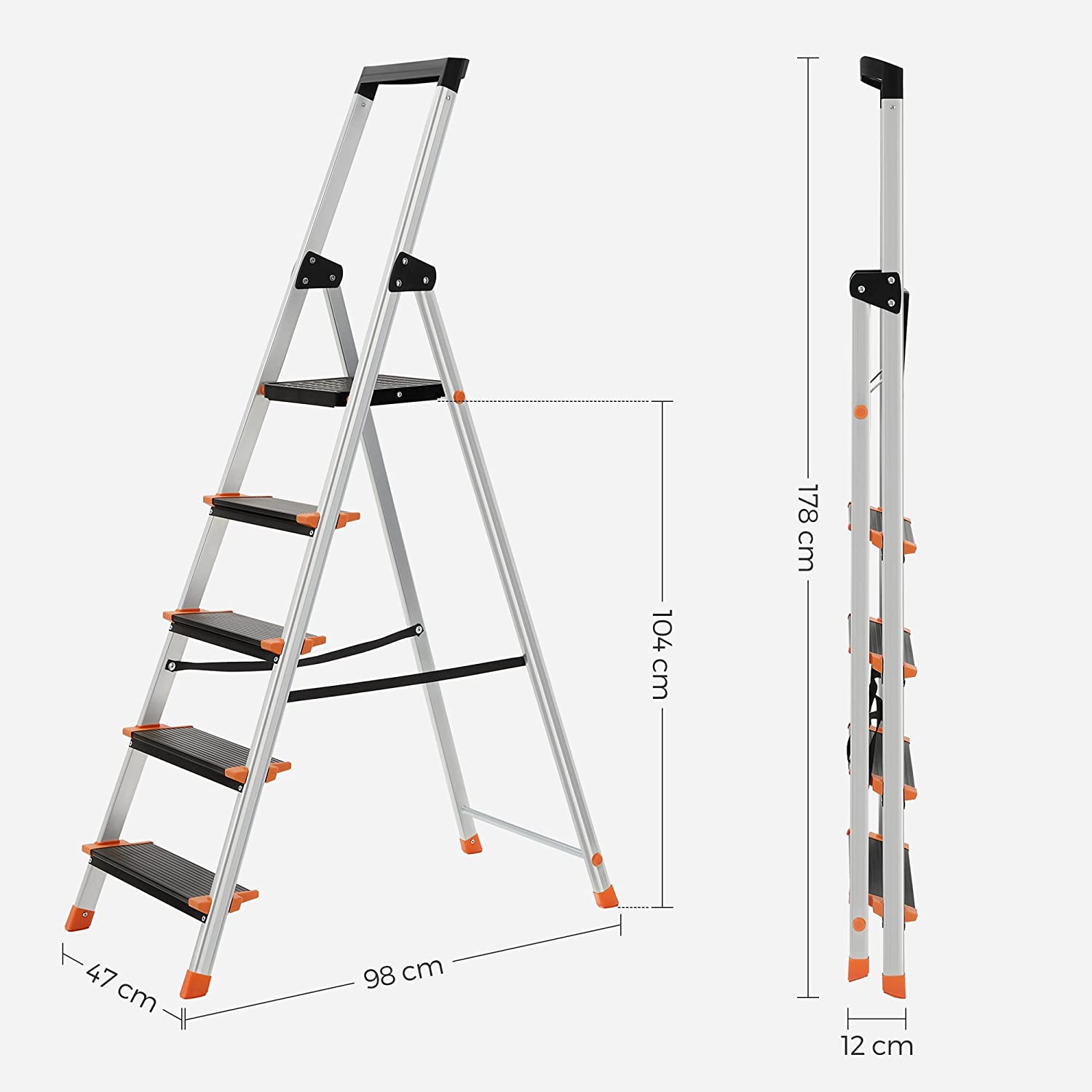 Fällbar stegstege – 5 steg – Aluminium – Svart-orange