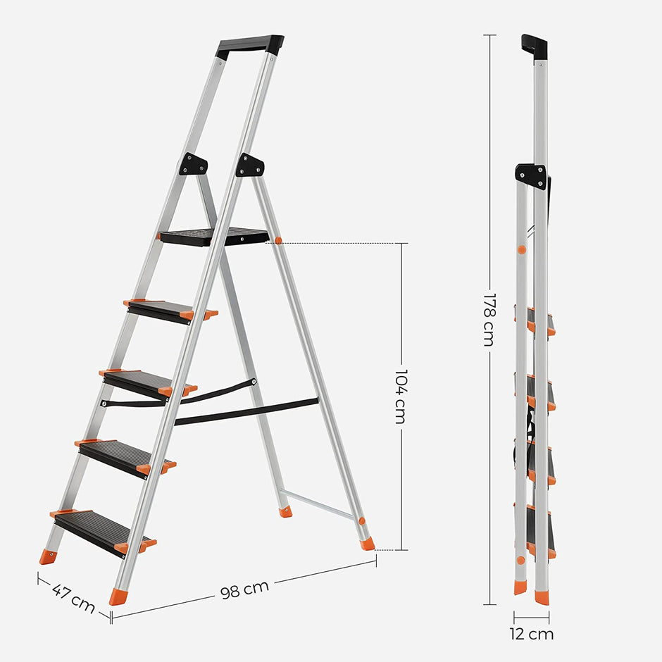 Fällbar stegstege – 5 steg – Aluminium – Svart-orange