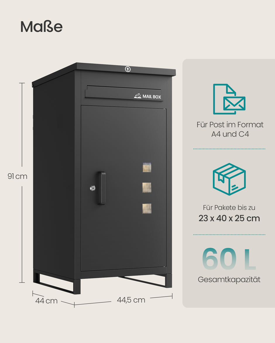 Pakketbrievenbus – 90 L – Staal – Waterdicht – Voor Buiten – Zwart