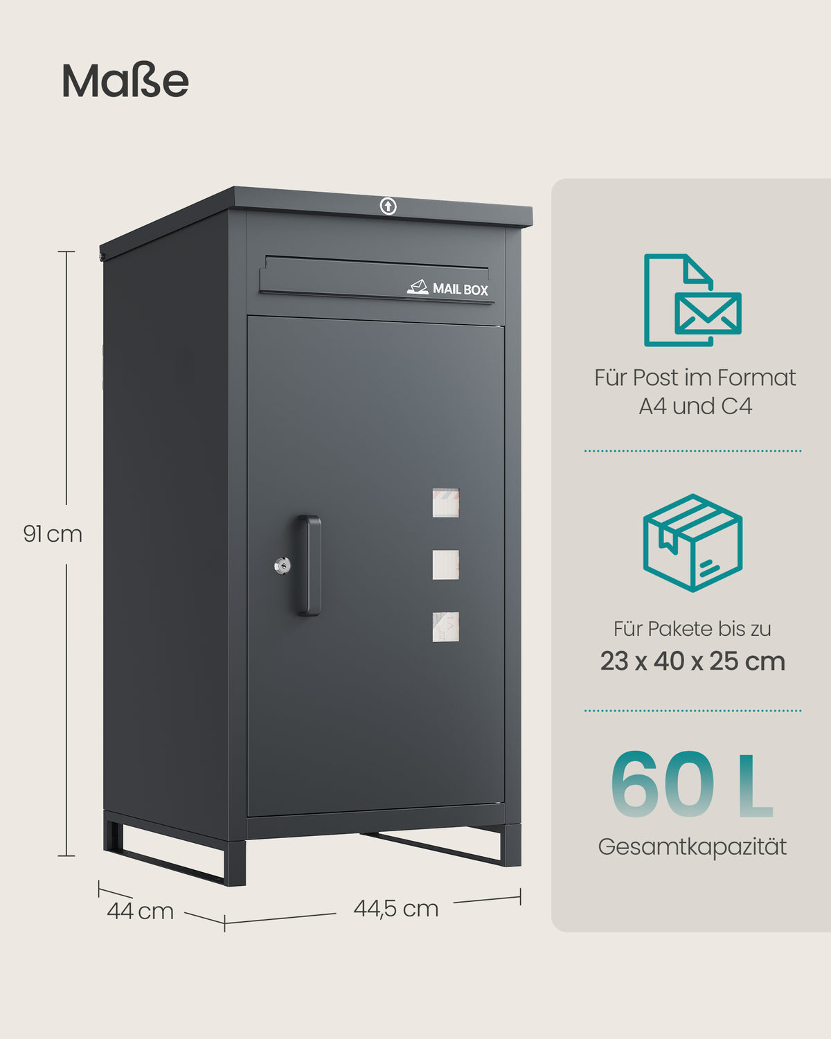 Pakketbrievenbus – 90 L – Staal – Waterdicht – Voor Buiten – Grijs