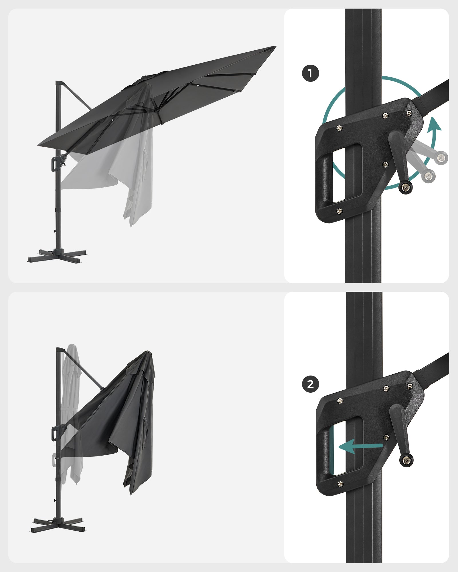 Parasoll 290x290 cm – 360° vridbar – ljusgrå